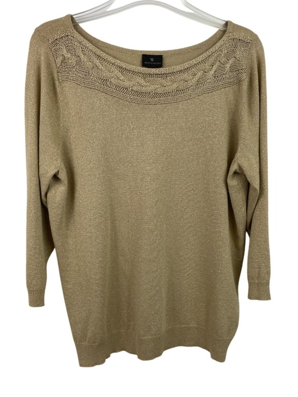 Worthington Metallic Gold Sweater With Crochet Detail Womens Size XL